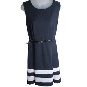 Calvin Klein Womens Shift Dress Size 10 Black White Belt Stripes Stretch